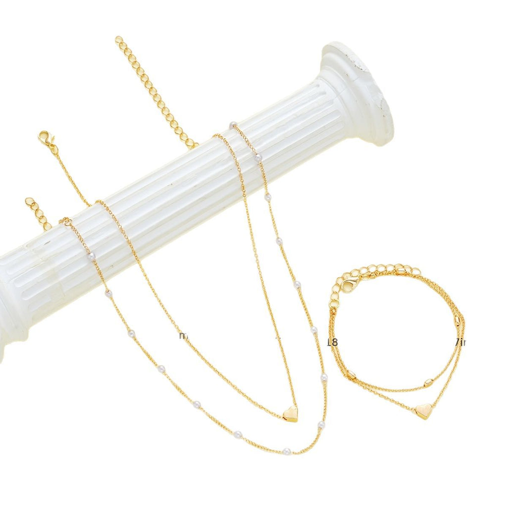 Double-layer Stacked Bag Round Beads Love Pearl Bracelet Necklace Jewelry Set Maisonore