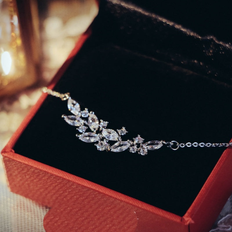 French Exquisite Zircon Leaves Super Fairy Bridal Wedding Necklace Earrings maisonore shop