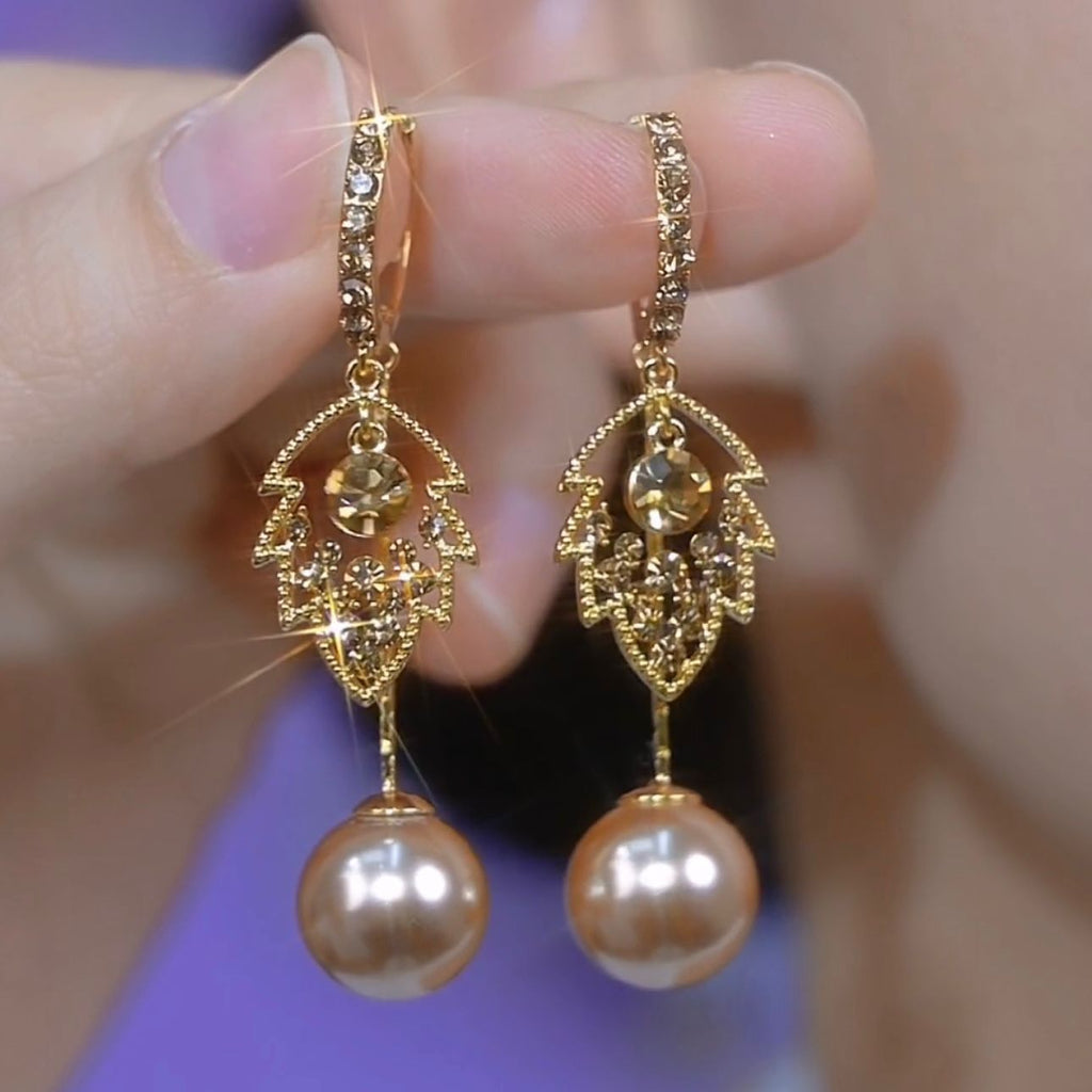 French Entry Lux High-grade Coffee Color Full Diamond Leaf Pearl Earrings Maisonore