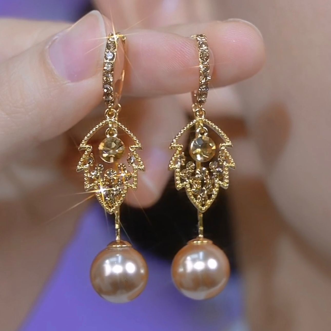 French Entry Lux High-grade Coffee Color Full Diamond Leaf Pearl Earrings Maisonore