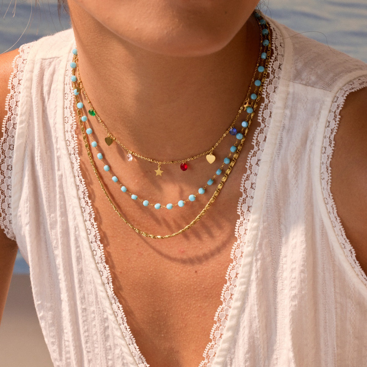 Colorful Beaded Stainless Steel Necklace Gold-plated Double Layer Twin All-match Clavicle Chain Maisonore