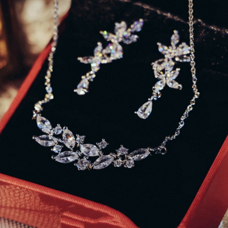 French Exquisite Zircon Leaves Super Fairy Bridal Wedding Necklace Earrings maisonore shop
