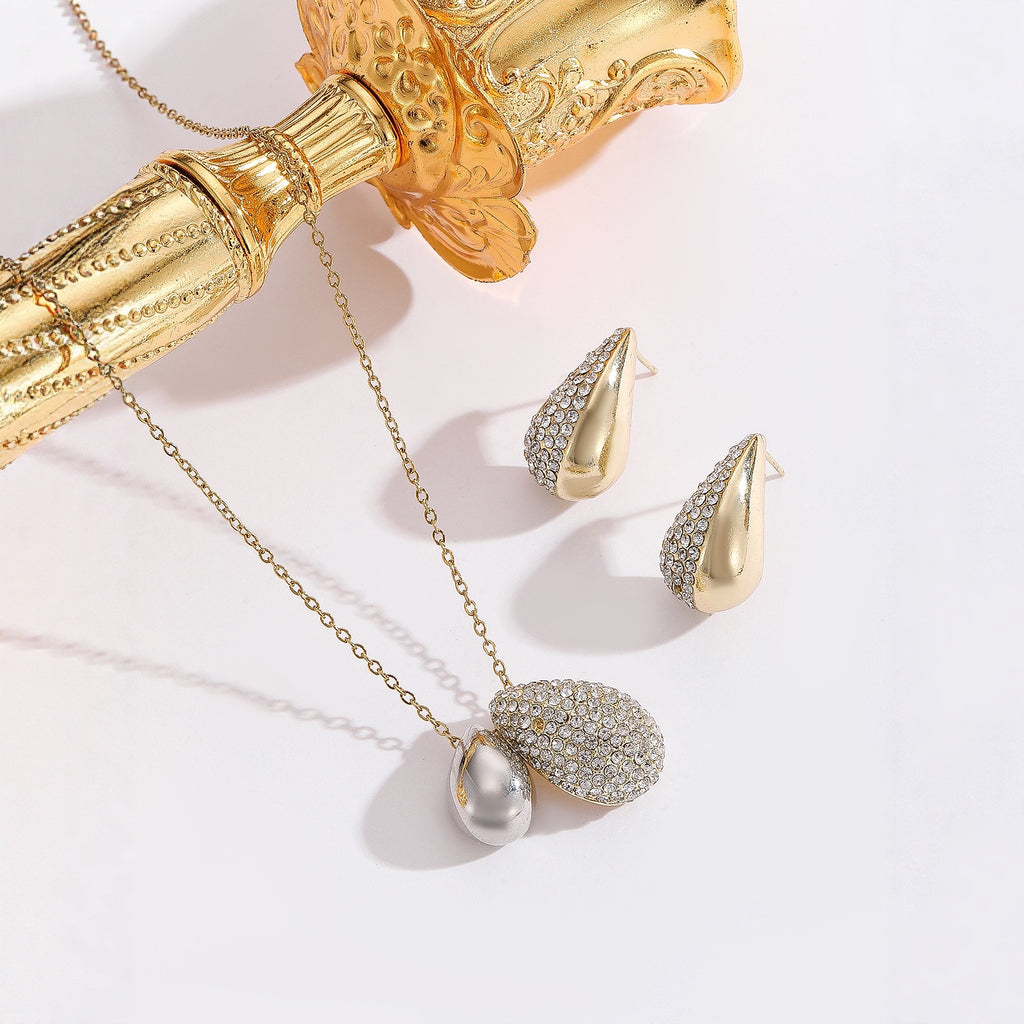 Elliptical Necklace Women's Full Diamond Droplet Shaped Necklace Earring Set Maisonore