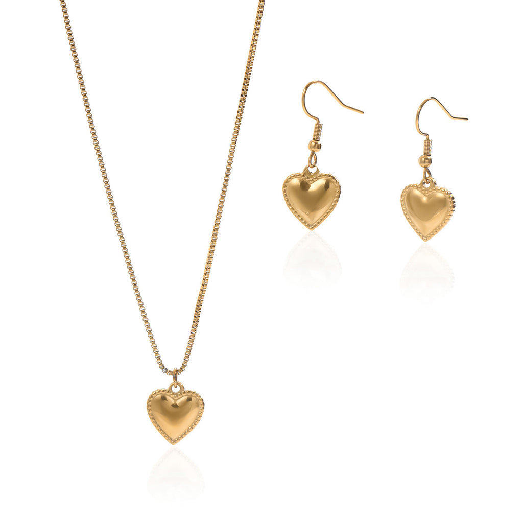 Lxalry 18K Gold Plated Stainless Steel Puffy Heart Pendant Necklace And Earrings Set For Women - Waterproof, Hypoallergenic, Cute Jewelry Gift For Birthday, Anniversary, Daily Wear, Summer Outfits Maisonore