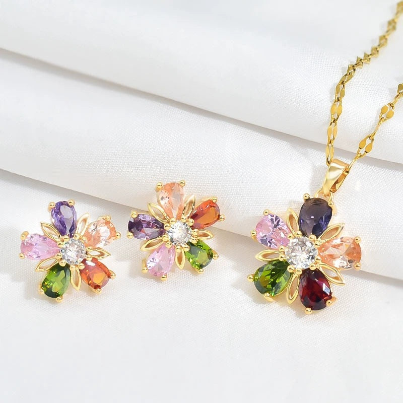 Gold Colorful Crystals Five-petal Flower Ear Stud Necklace Women Maisonore