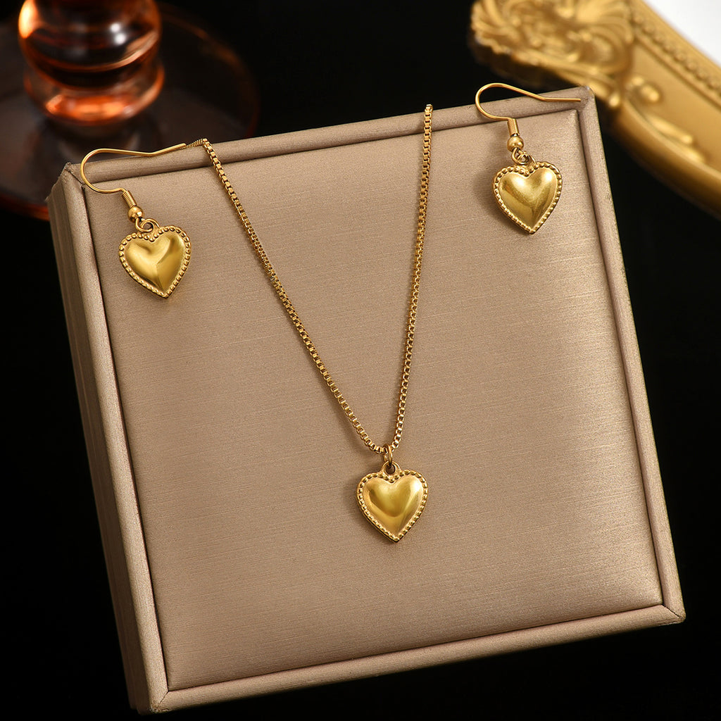 Lxalry 18K Gold Plated Stainless Steel Puffy Heart Pendant Necklace And Earrings Set For Women - Waterproof, Hypoallergenic, Cute Jewelry Gift For Birthday, Anniversary, Daily Wear, Summer Outfits Maisonore