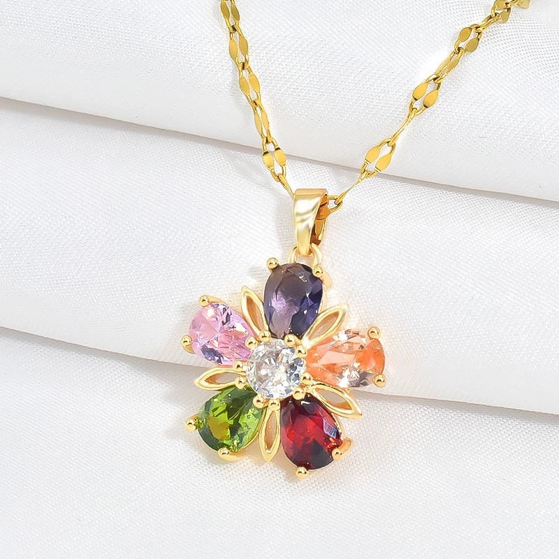 Gold Colorful Crystals Five-petal Flower Ear Stud Necklace Women Maisonore