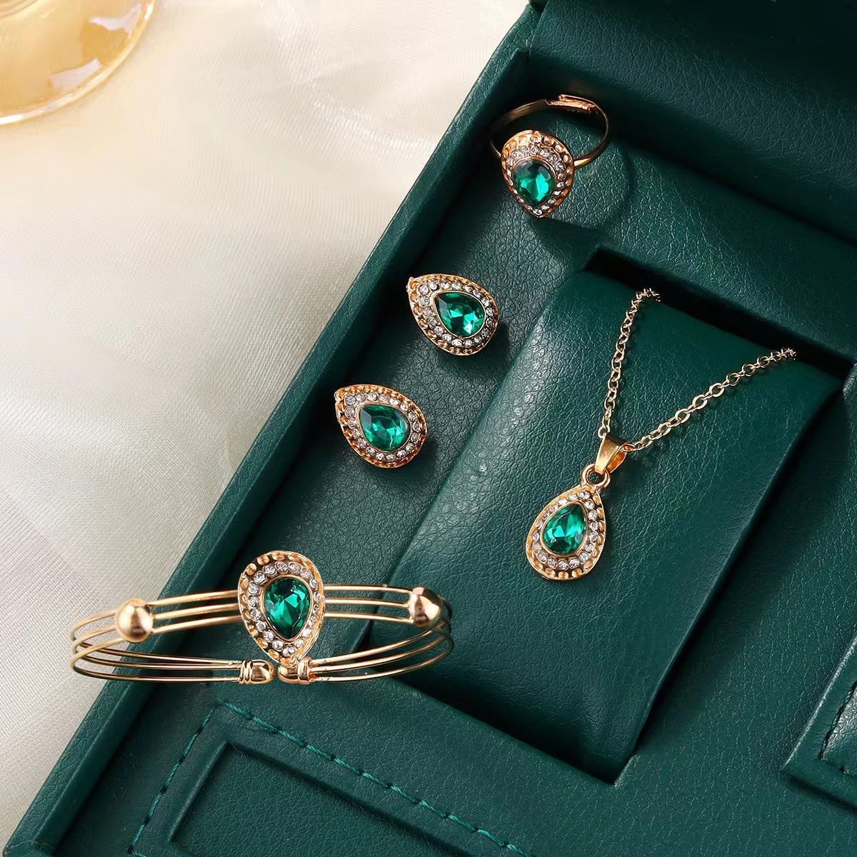 Jewelry Suit Women's Water Drop Gem Series Necklace Earring Ring Bracelet Four-piece Set maisonore shop