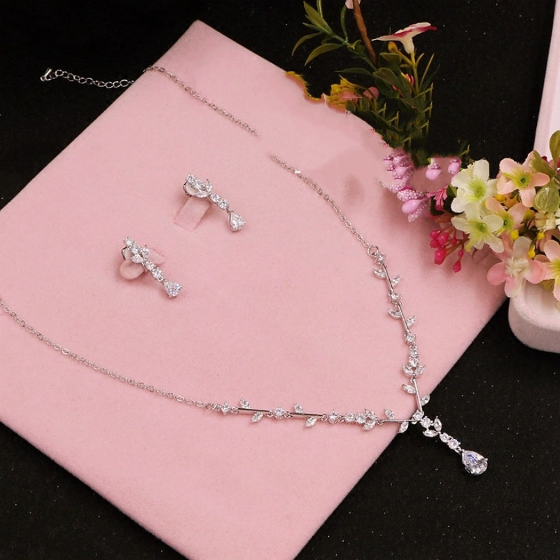 Simple Bridal Zircon Wedding Handmade Ornament Necklace And Earrings Suite maisonore shop