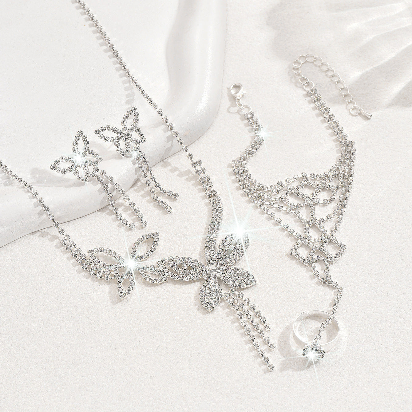 Butterfly Tassel Rhinestone Necklace Earring Bracelet 3 Pieces Suit maisonore shop