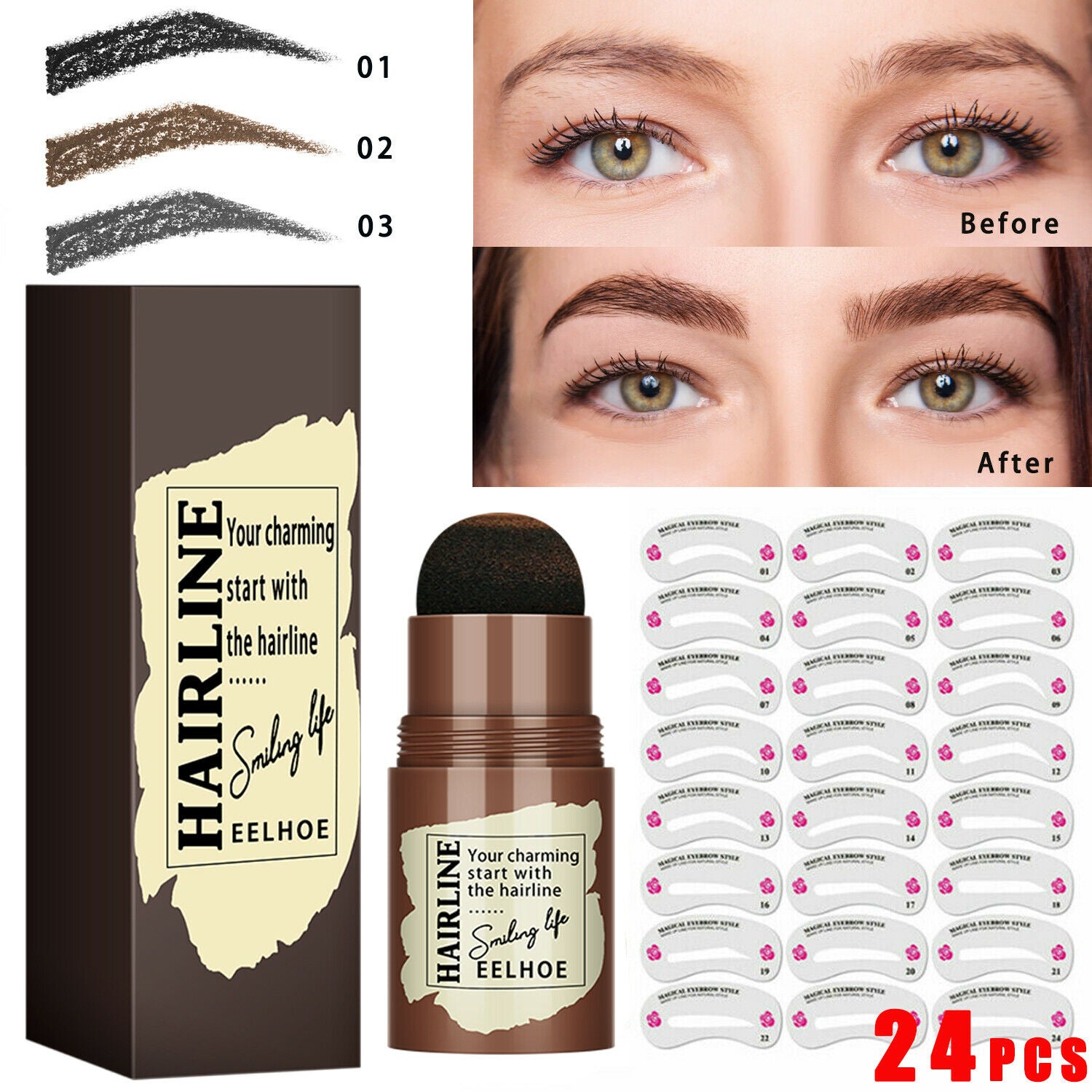 Eyebrow Stamp Stencil Kit, 24 Pc Eyebrow Shaping Stencils, Long-lasting Eyebrow Brow Definer, Perfect Make-up Reusable Kit Maisonore