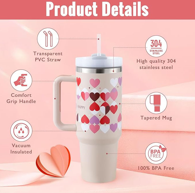 40 Oz Tumbler With Handle Straw Insulated, Stainless Steel Spill Proof Vacuum Coffee Cup Tumbler With Lid Tapered Mug Gifts For Valentine Lover Suitable For Car Gym Office Travel Maisonore