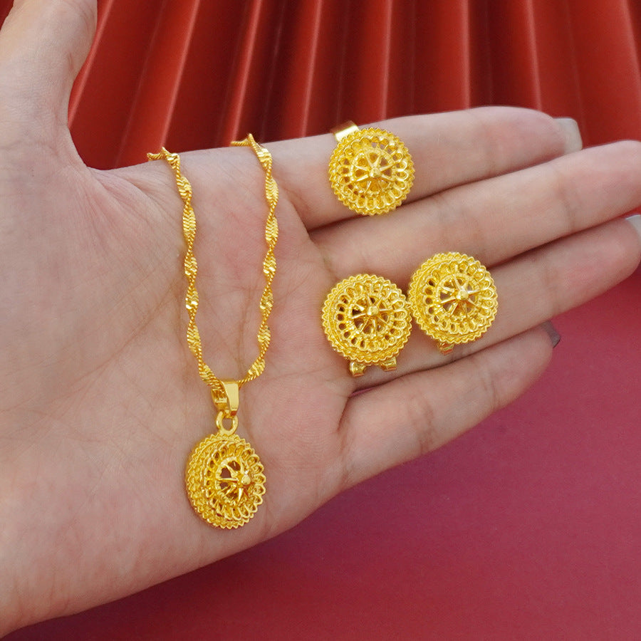 Landscape Middle East Flower Design Gold-plated Necklace Pendant Earring Ring Jewelry Suit Maisonore